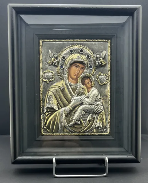 Greek Byzantine Icon Virgin Mary With Baby Jesus, Silver .950, Glass Frame 270mm