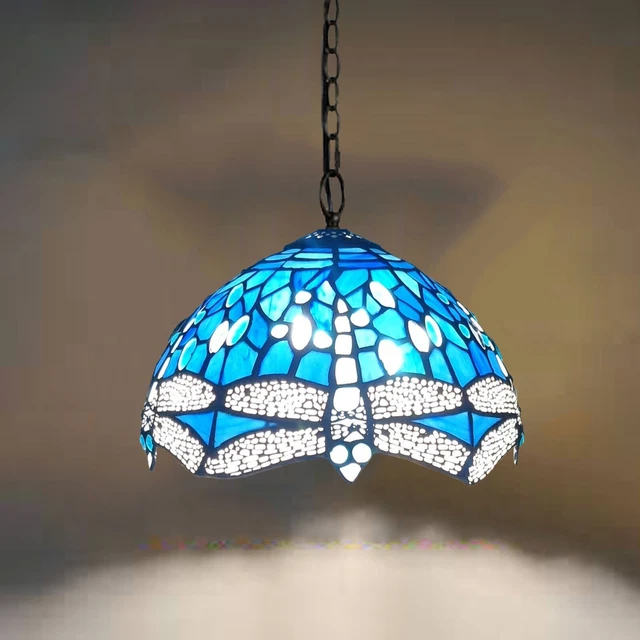 Dragonfly Style Tiffany Pendant Ceiling Lamp 10"Blue & White Shade Stained Glass