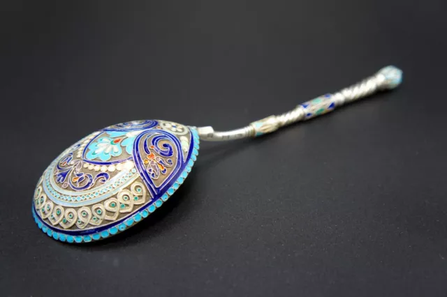 Extraordinary Imperial Russian 84 Sliver Cloisonne Enamel Serving Spoon, 1892