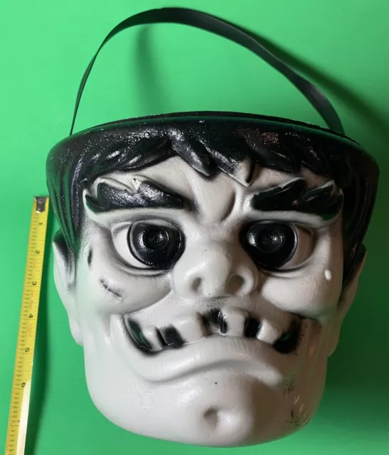 Vintage 90s Halloween Trick or Treat Frankenstein Head Blow Mold Candy Bucket