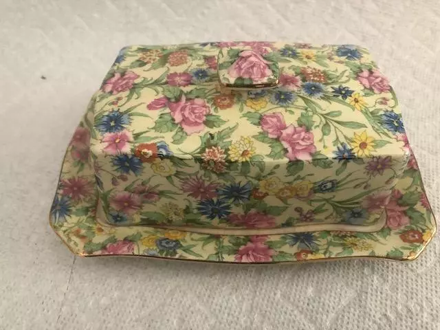 1949 Royal Winton Grimwades Chintz Kew Pattern Butter Dish With Cover 4.5"X6.5"