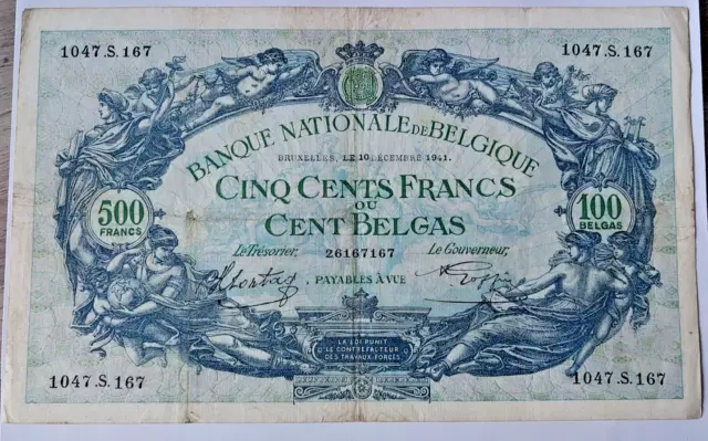 ---1-Billet-500-Francs-ou-100-Belgas-10/12/1941-Bruxelles-BELGIQUE--