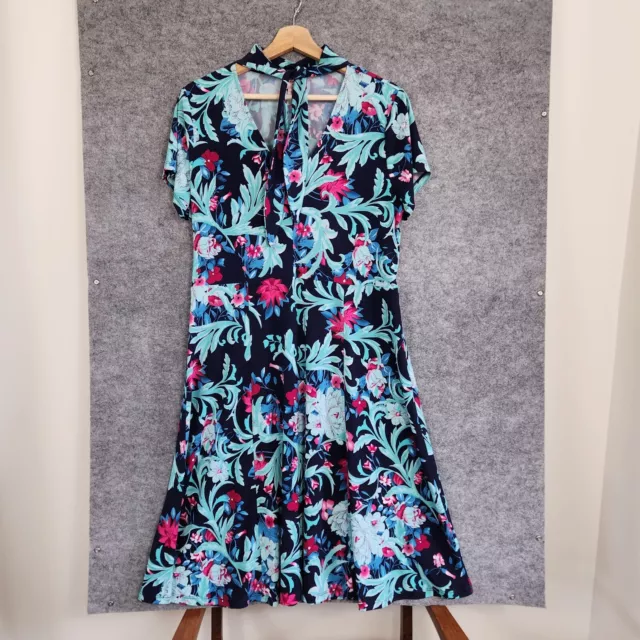Leona Edmiston Dress Size 14 Black Blue Pink Floral Print Neck Tie A-Line Womens