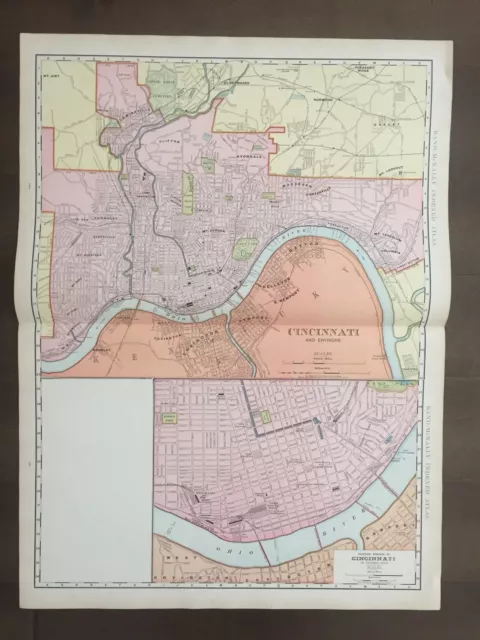 Large 21" X 28" COLOR Rand McNally Map of Cincinnati, OH-1905