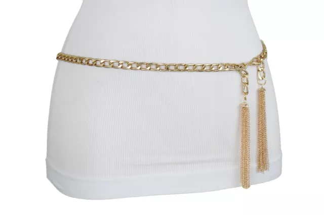 Women Narrow Waistband Fashion Belt Gold Metal Chain Fringes Tassel Size M L XL