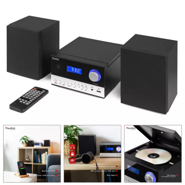 Audizio Toulon HiFi Stereo System with Bluetooth, CD Player, MP3 USB, FM - Black