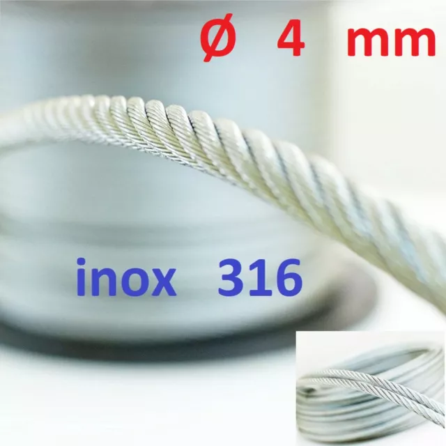 Câble inox 316  Ø 4 mm   7 X 7    LONGUEUR  AU CHOIX