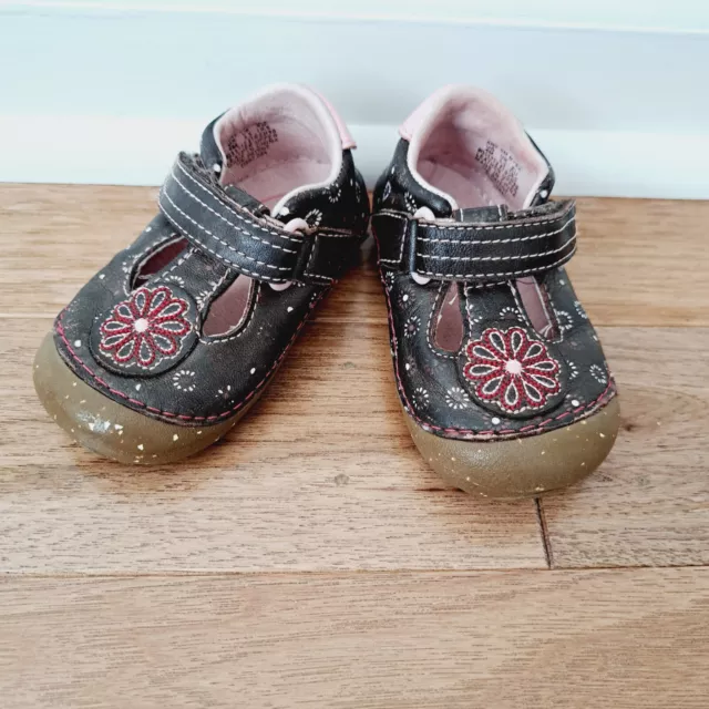 Toddler Girls Size 4M Stride Rite Shoes Brown & Pink Leather Flower EUC