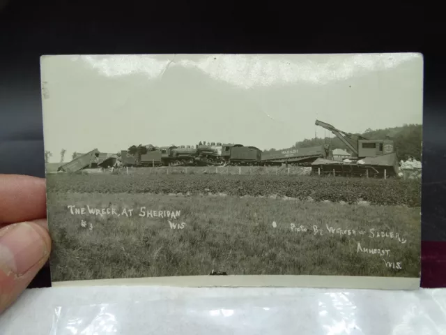 RPPC 1909 Photo Postcard The Wreck, (Train Wreck) Sheridan WI.