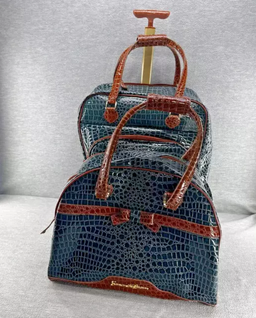 Samantha Brown Croco Green/Brown 2 Pc Luggage Set Suitcase Overnight Tote Bag