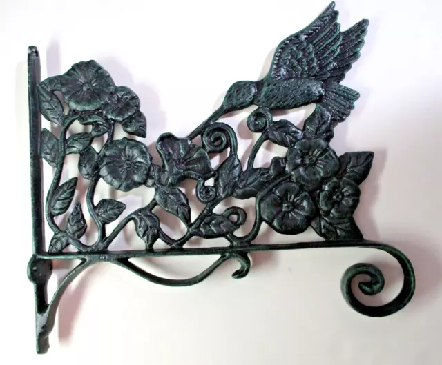 Cast Iron 11.5 inch Ornate Plant Hanger Bracket Hummingbird & Flowers Dark Green