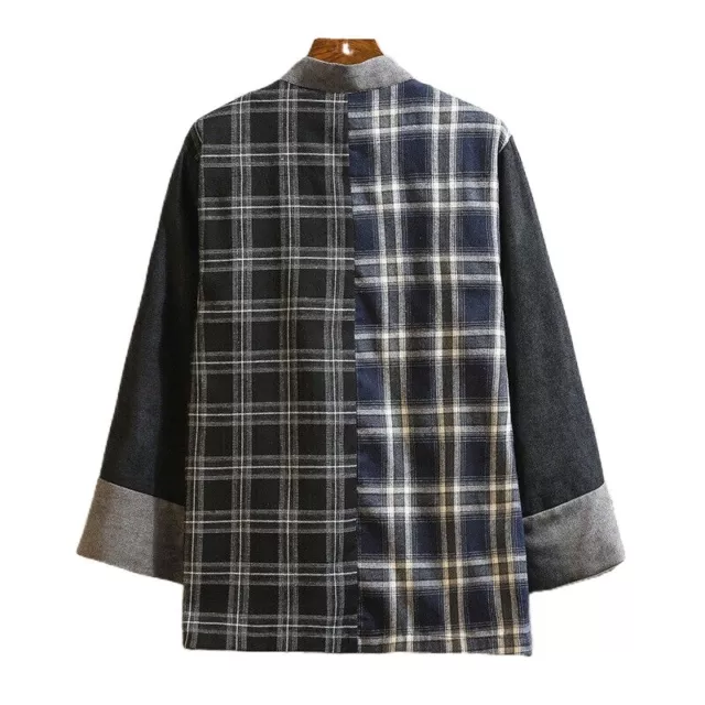 Uomo Kimono Cappotto Patchwork Giacca Plaid Tasca Rétro Yukata Giapponese Top