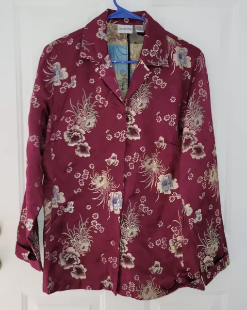 Chicos Satin Brocade Gold Purple Jacket Tunic Shirt Chico’s 1 US Size 8