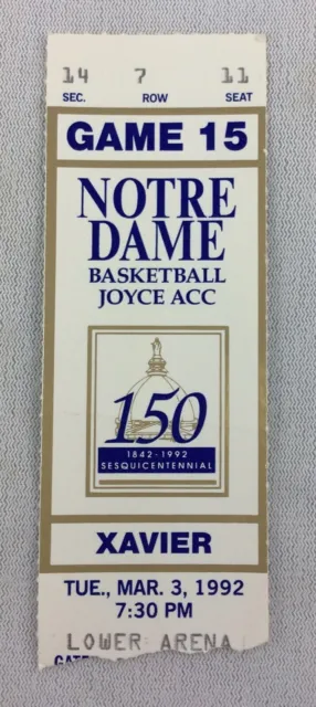 1992 03/03 Xavier at Notre Dame Basketball Ticket Stub - Seat 11