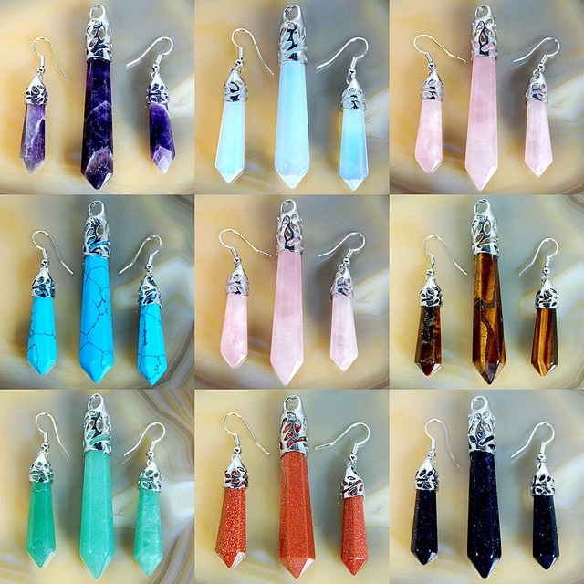 1set Natural Gemstones Hexagonal Pointed Reiki Chakra Pendant And Earring
