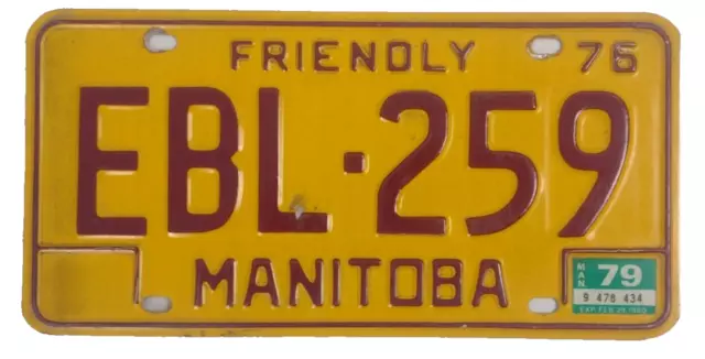 Vintage 1976 Friendly Manitoba Canada License Plate EBL-259 Car Truck