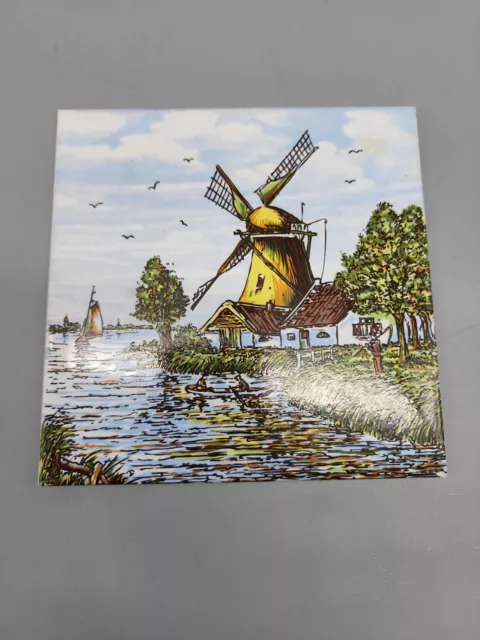 Vintage Delft Porcelain Dutch Tile Windmills Handpainted 6”