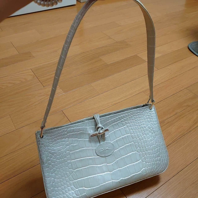 LONGCHAMP EMBOSSED CROC Pearl White ROSEAU Leather Shoulder Bag