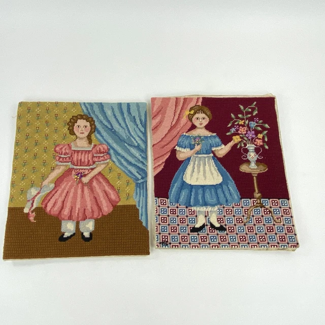Juego de 2 Retratos de Arte Bordados con Aguja Dama Joven Sin Enmarcar De Colección