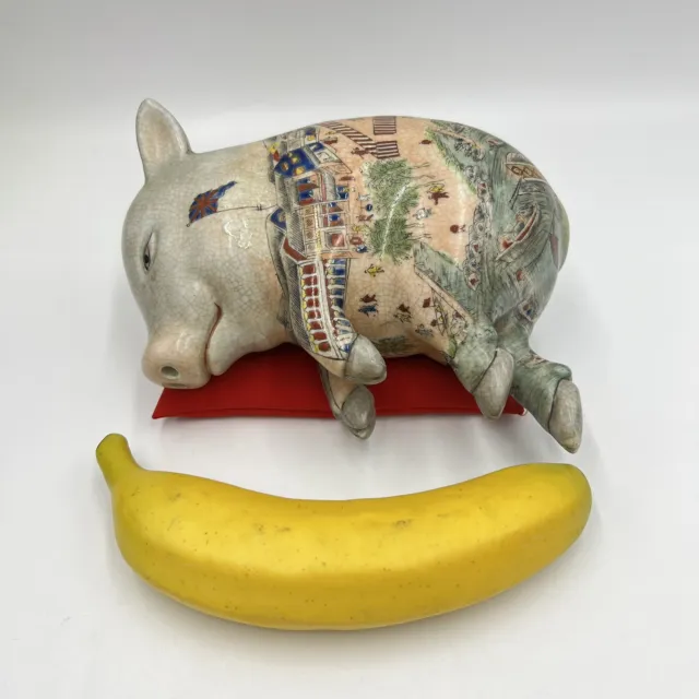 Vintage Chinese Famille Rose Porcelain Lucky Sleeping Pig Statue Crackle Glaze