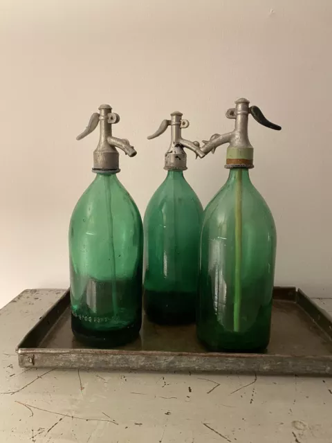 3 Stück ALTE GRÜNE SIPHONFLASCHE SODAFLASCHE Antik Vintage Flaschen