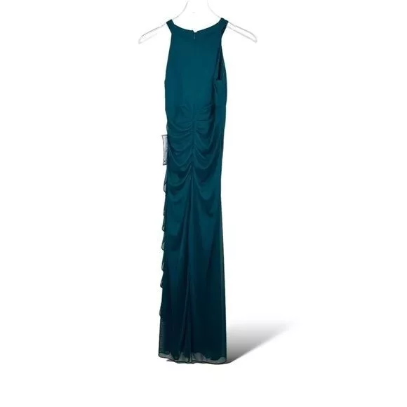 Betsy & Adam Women's Petite Ruched Halter Embellished Gown Emerald Green Size 2P 2