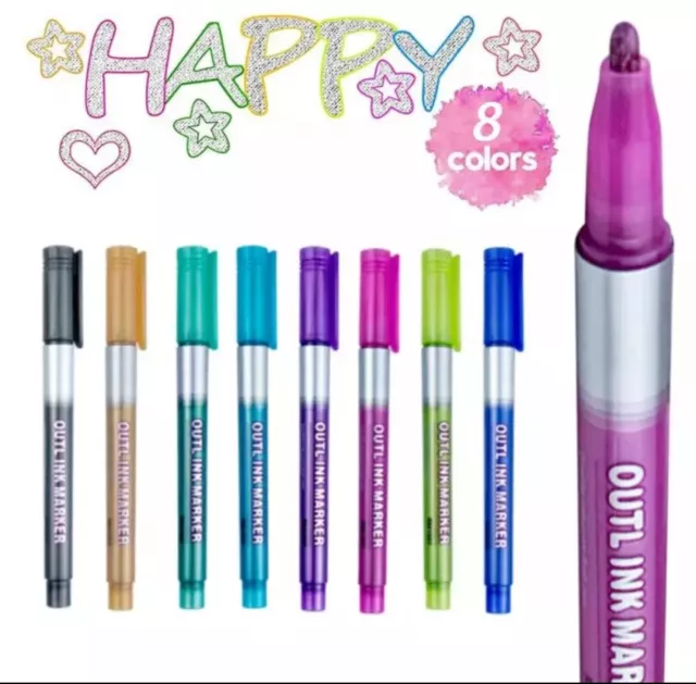 Drawing Double Line Outline Pen Highlighter Marker 8 Colors Pens For School UK