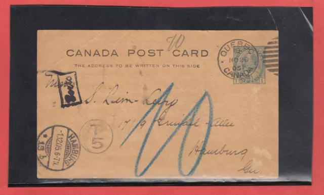 Edward post card to Germany short-paid T5 x 2 T10 due 1905 receivers fr Canada