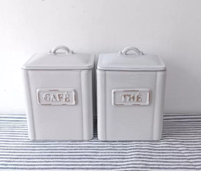 Lovely Ceramic Thé & Café Fench Tea & Coffee Canister Set Off White Shabby Chic