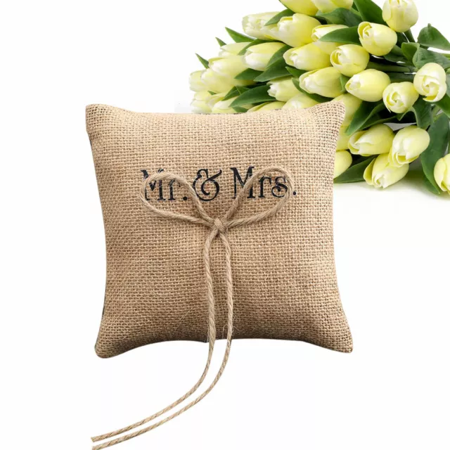 Bow Ring Pillow Wedding Vintage Burlap Jute Cushion Wedding Ring Pillow