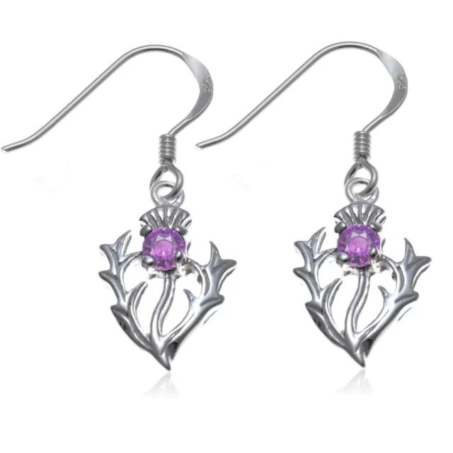 Sterling silver Scottish purple amethyst thistle earrings in gift box