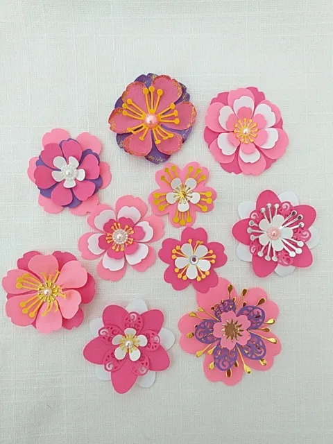10 Handmade Pink Mix Paper 3D Flowers Art Craft Cards Making