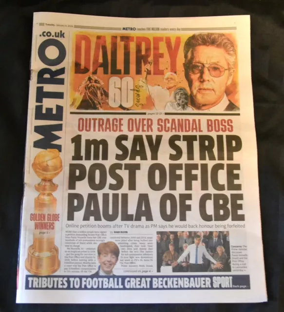 THE UK METRO Newspaper 09/01/24 January 9th 2025 Post Office Scandal