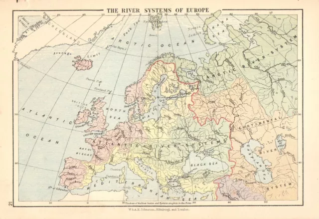 C1875 Landkarte ~ Fluss Systeme Von Europa ~ Atlantic Fluss Continental Arctic