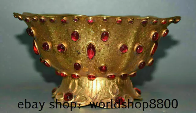 6.8" Old Chinese Copper 24k Gilt Gold Inlay Red Gem Dynasty Bowl Bowls vessel