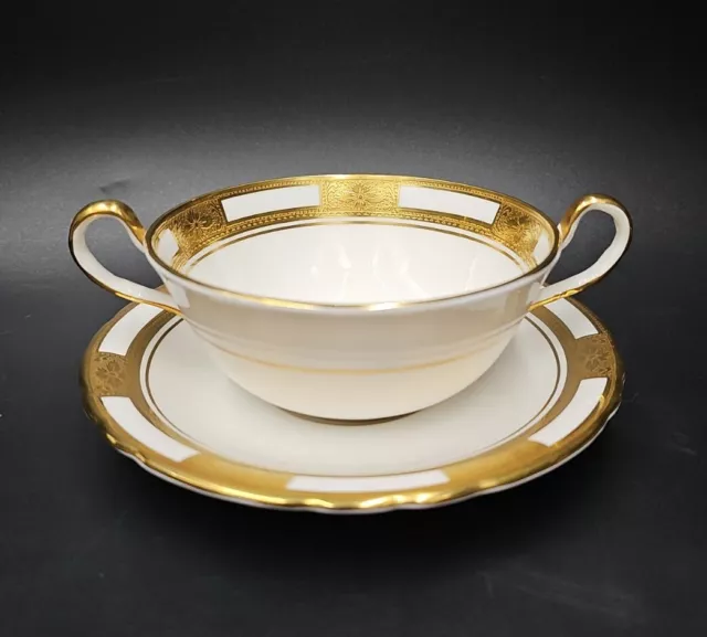 Aynsley EMPRESS WHITE Cream Soup Bowl & Saucer Set MINT Gold Encrusted