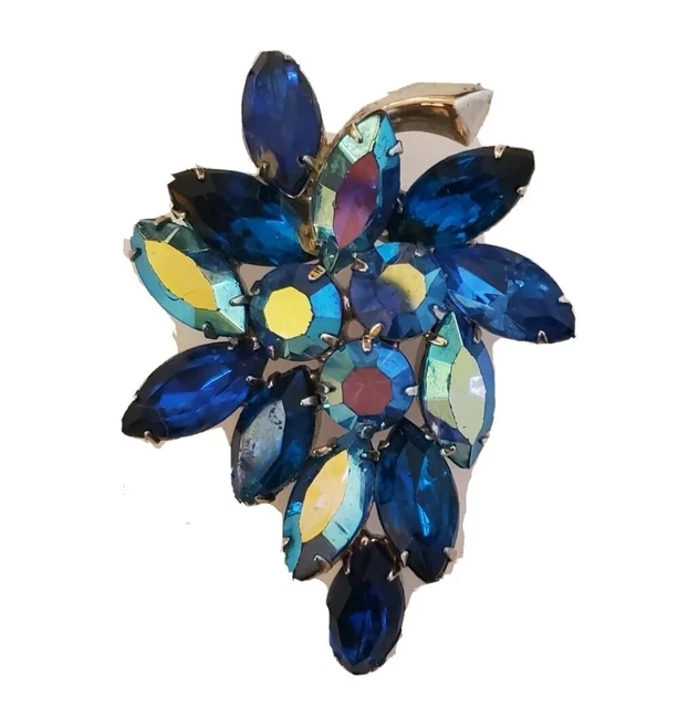 Vintage Peacock Blue Aurora Borealis Crystal Rhinestone Brooch Floral Spray Pin