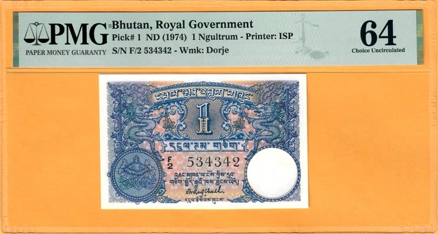 Bhutan-1 Ngultrum-1974-First Issue-Pick 1-Serial Number 534342 **Unc Pmg 64**