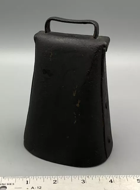 Antique Vtg 5.25” Hand Crafted Primitive Riveted Steel Cow Bell Original Clapper