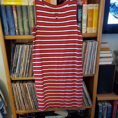 Talbots Sheath Dress Size L Red White Blue Stripes Sleeveless Summer Side Slits