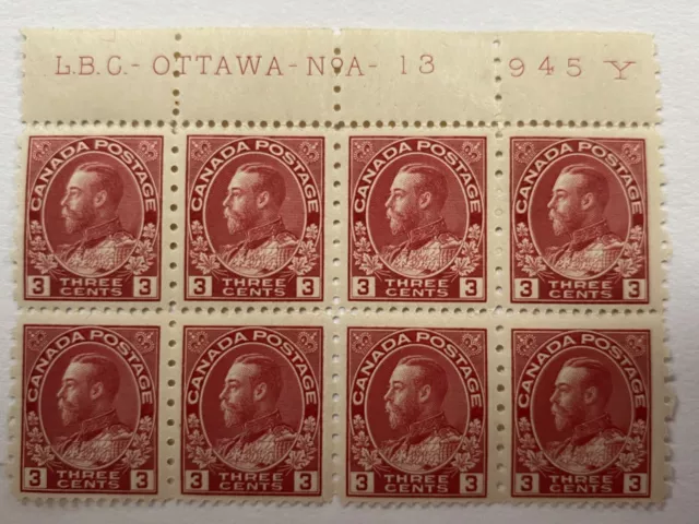 Canada #184 3 Cent Red - Block Of 8 - Mint Full Gum