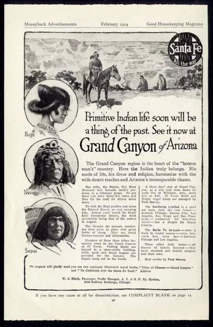 SANTA FE Railroad Ad 1914 Native AMERICAN Indians TRAIN Grand Canyon Arizona