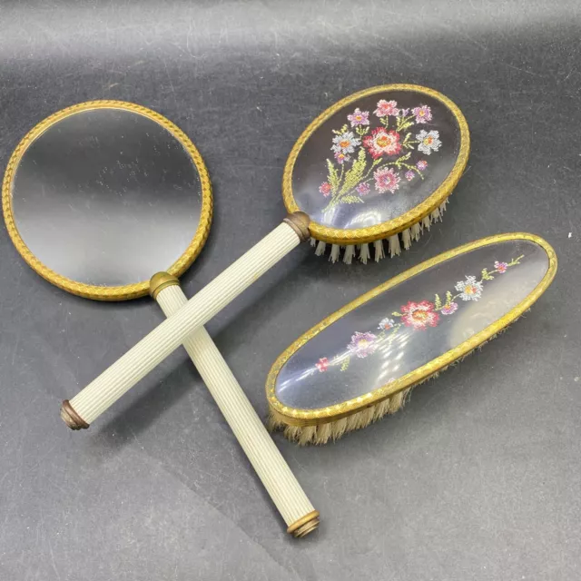 Brush Vanity Set Round Mirror & Two Brushes Cross Stitch Backs Made in England