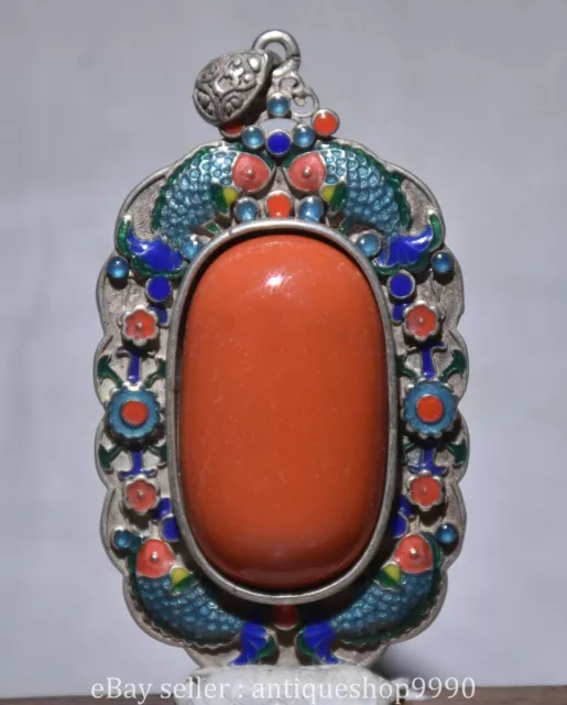 3.2" Old Tibetan Silver Cloisonne Inlaid Orange Gemstone Amulet Pendant