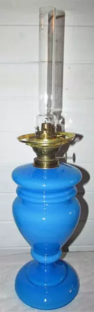 Lovely Antique GWTW Oil Kerosene Lamp Cased Blue Bristol Glass with Drop In Font