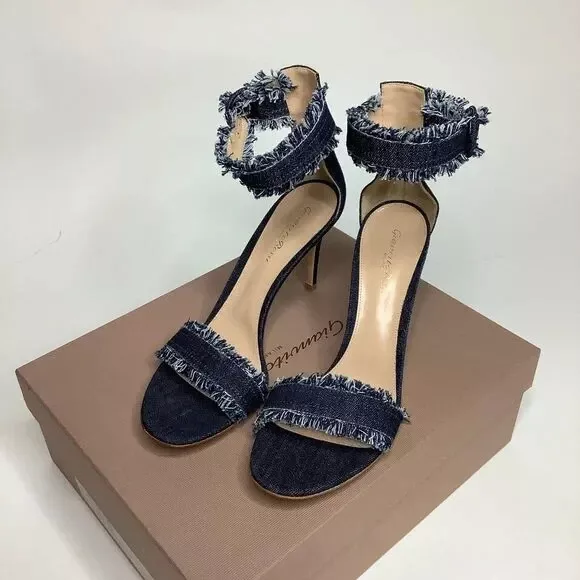 GIANVITO ROSSI Lola Denim Sandals Fringe Detailing Straps Blue Denim Size 40
