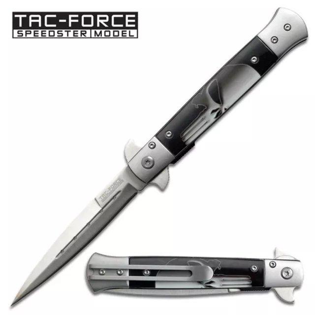 SPRING-ASSIST FOLDING POCKET KNIFE | Black White Skull Stiletto Blade Tactical