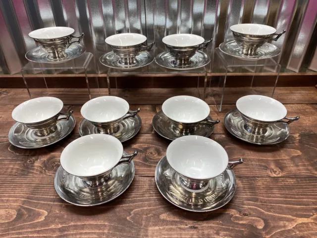 Antonio’s Panama Demitasse Cup & Saucer Sterling Silver On Porcelain - Set of 10