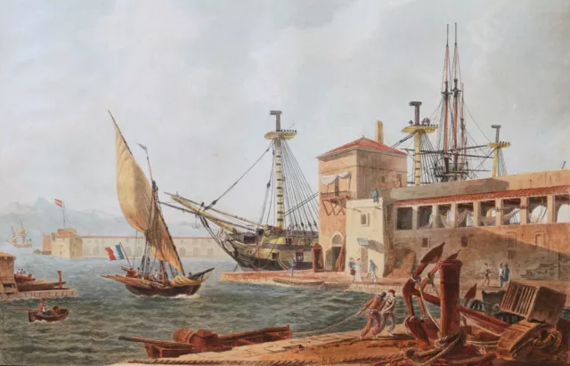 Jean Jérome BAUGEAN dessin ancien paysage marine Port TOULON bateaux tableau 19è
