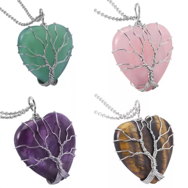 Natural Healing Crystal Quartz Wire Wrap Tree Of Life Heart Chakra Stone Pendant